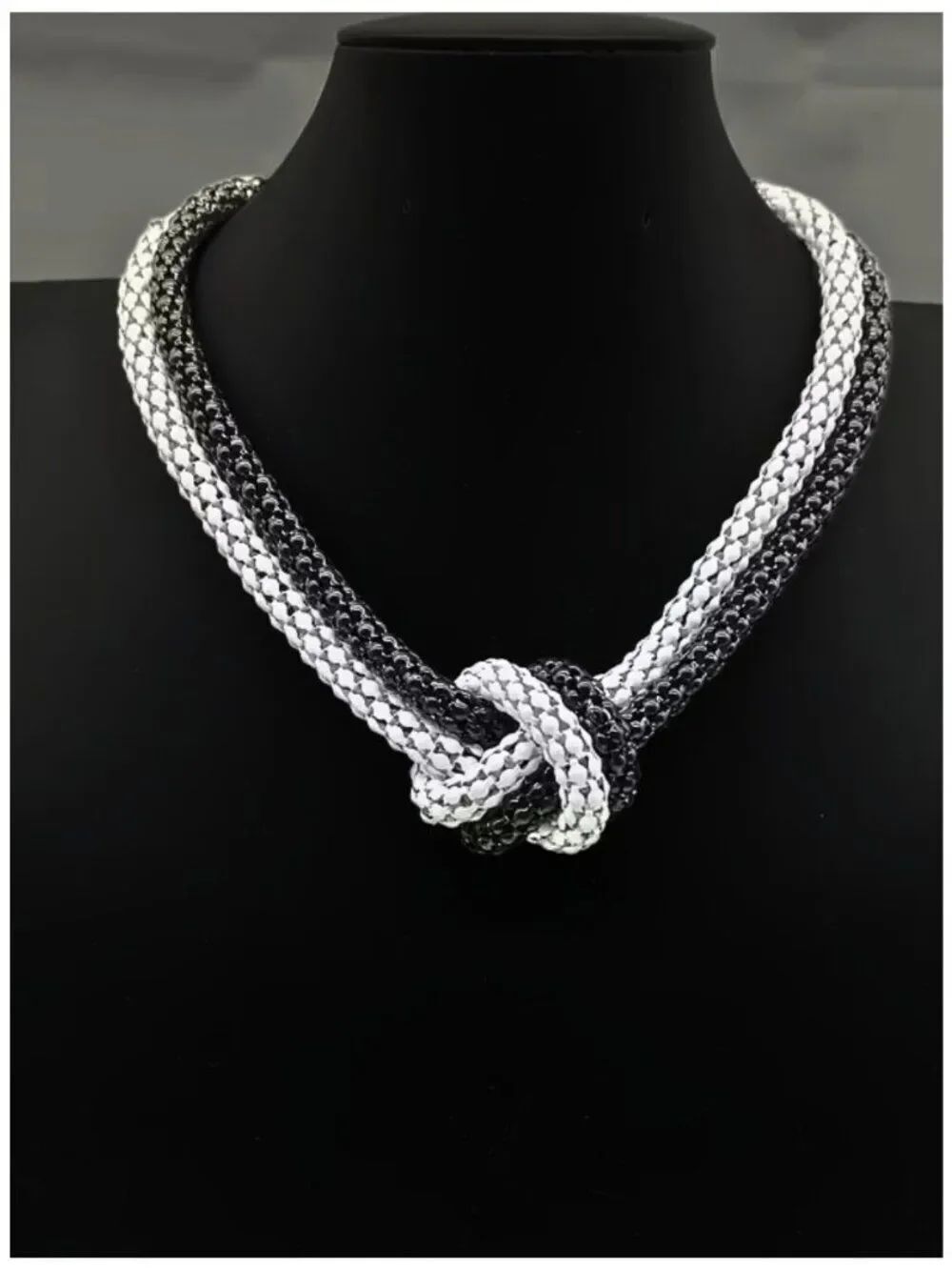 Urban Edge Double Mesh Chain Necklace Black & White Knotted Layers Golden Clasp